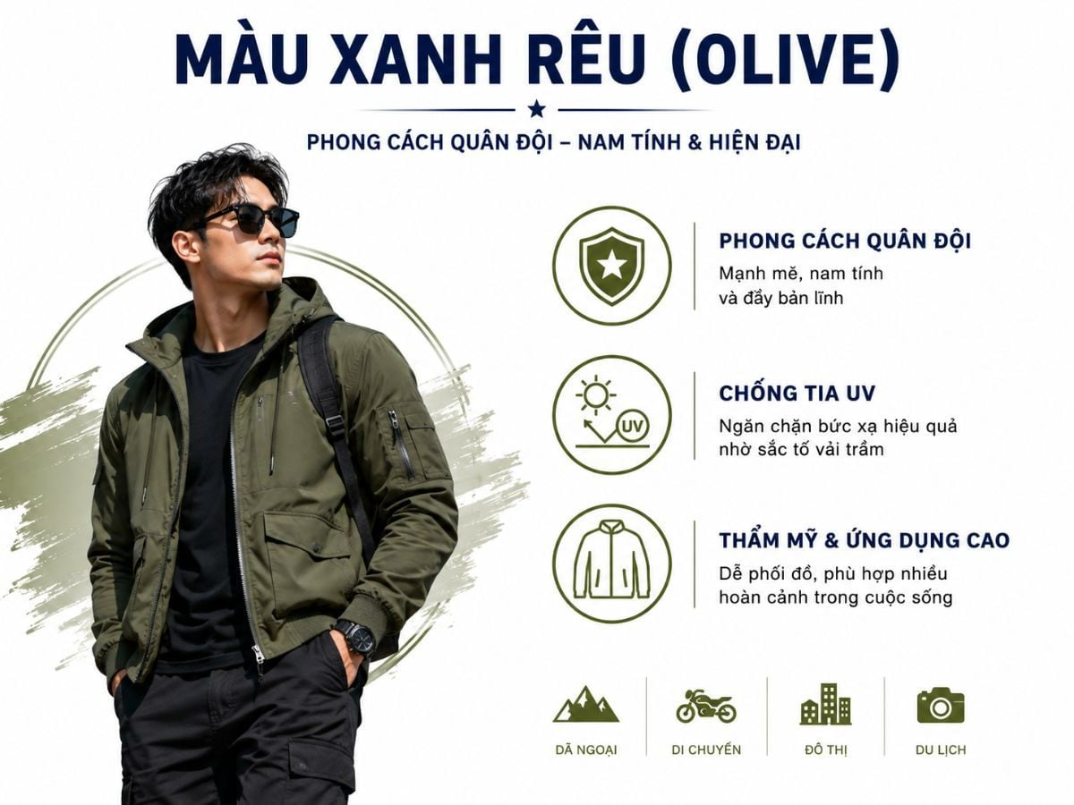 Xanh rêu và olive phù hợp phong cách khỏe khoắn, chống nắng tốt