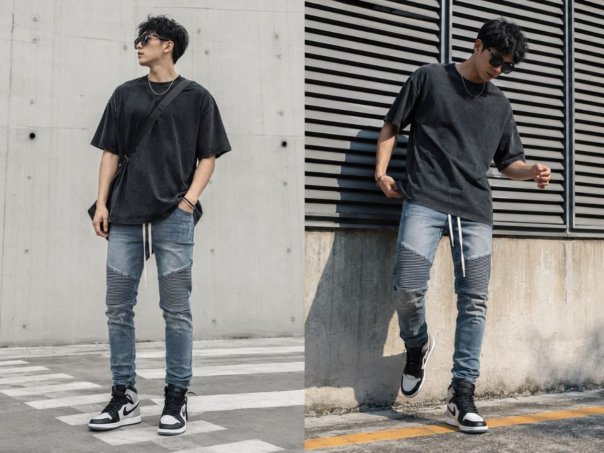 Áo thun phom rộng kết hợp quần biker jeans có chi tiết đầu gối