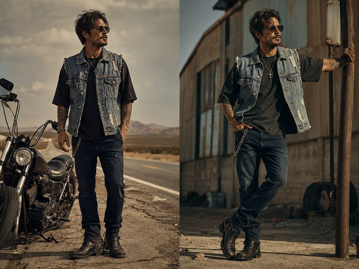 Gile denim khoác ngoài áo thun tay lỡ cùng quần jeans xanh đậm