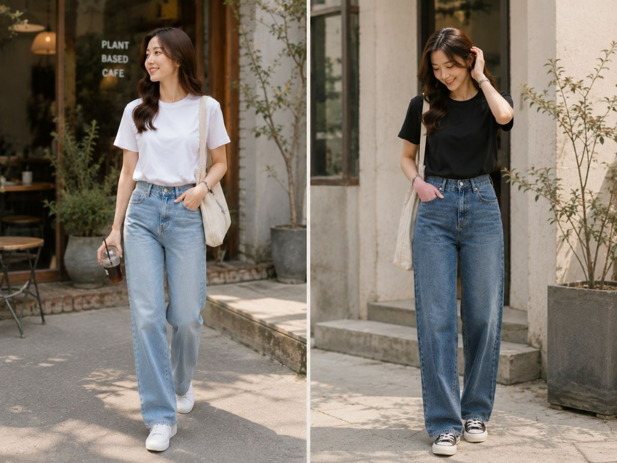 Nữ mặc áo thun trơn phối quần jeans đi họp lớp