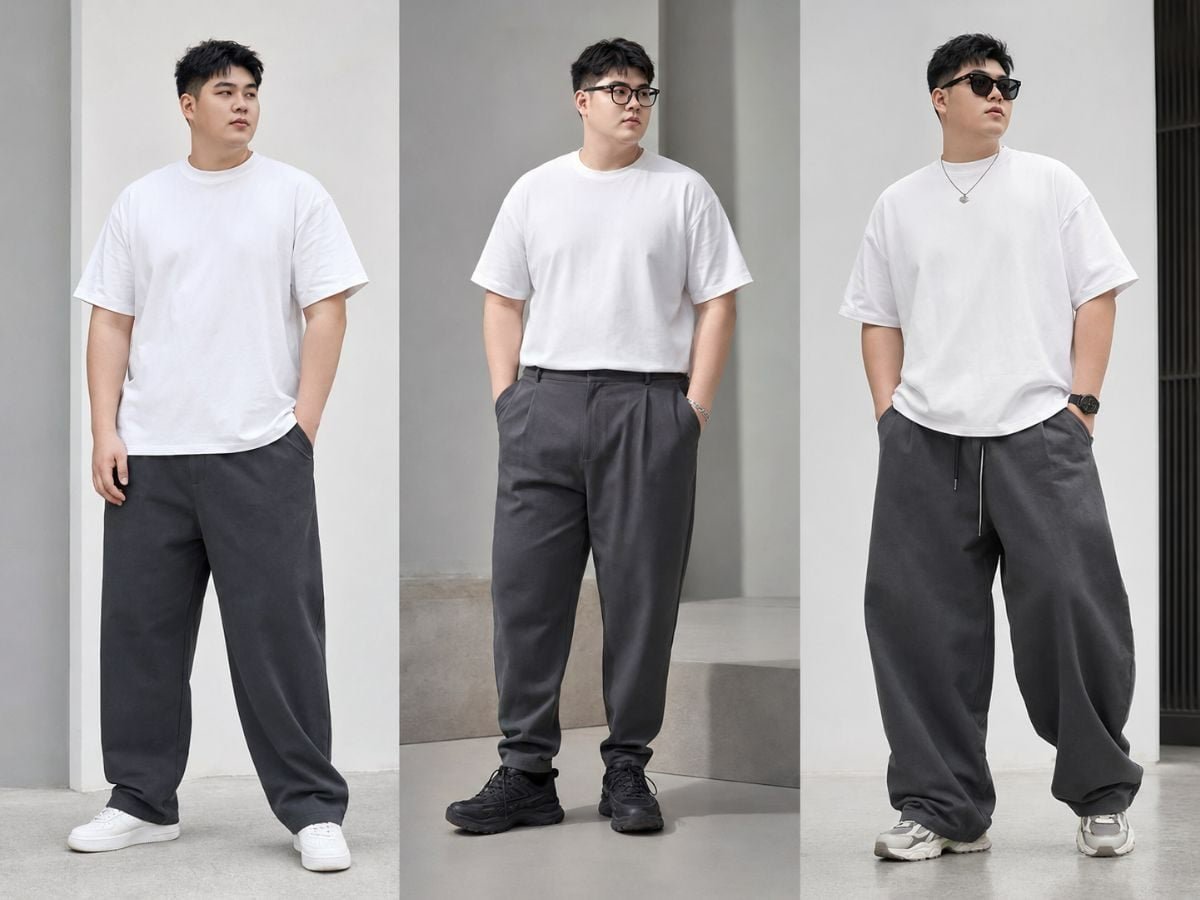 Phối quần baggy xám đậm và áo thun trắng cho nam mập