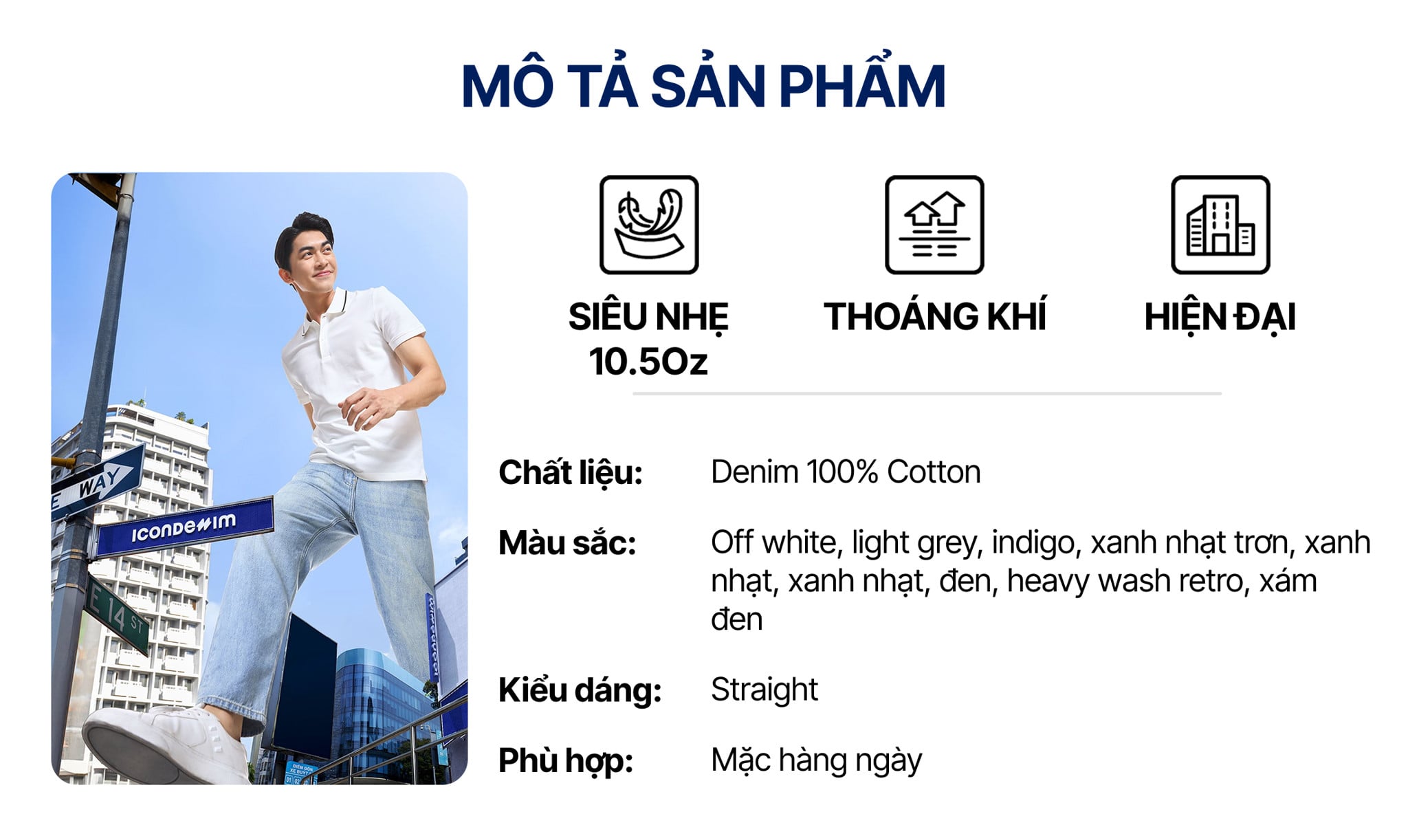 Quần Jean Nam Siêu Nhẹ Ống Suông Light Grey ICON105 Form Straight