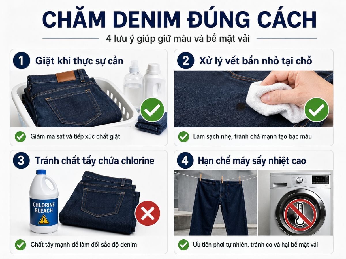 Infographic 4 lưu ý chăm sóc denim gồm giặt khi cần, xử lý vết bẩn, tránh chất tẩy và hạn chế sấy nóng.