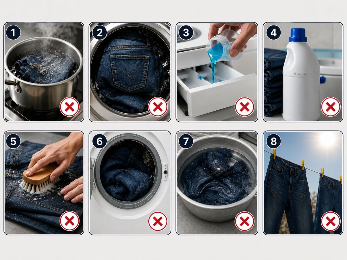 Infographic 8 sai lầm khiến quần jean nhanh bay màu như giặt nước nóng, dùng chất tẩy mạnh và phơi nắng gắt.