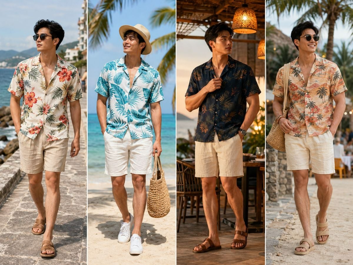 Đồ đi biển nam với sơ mi hoạt tiết và short linen