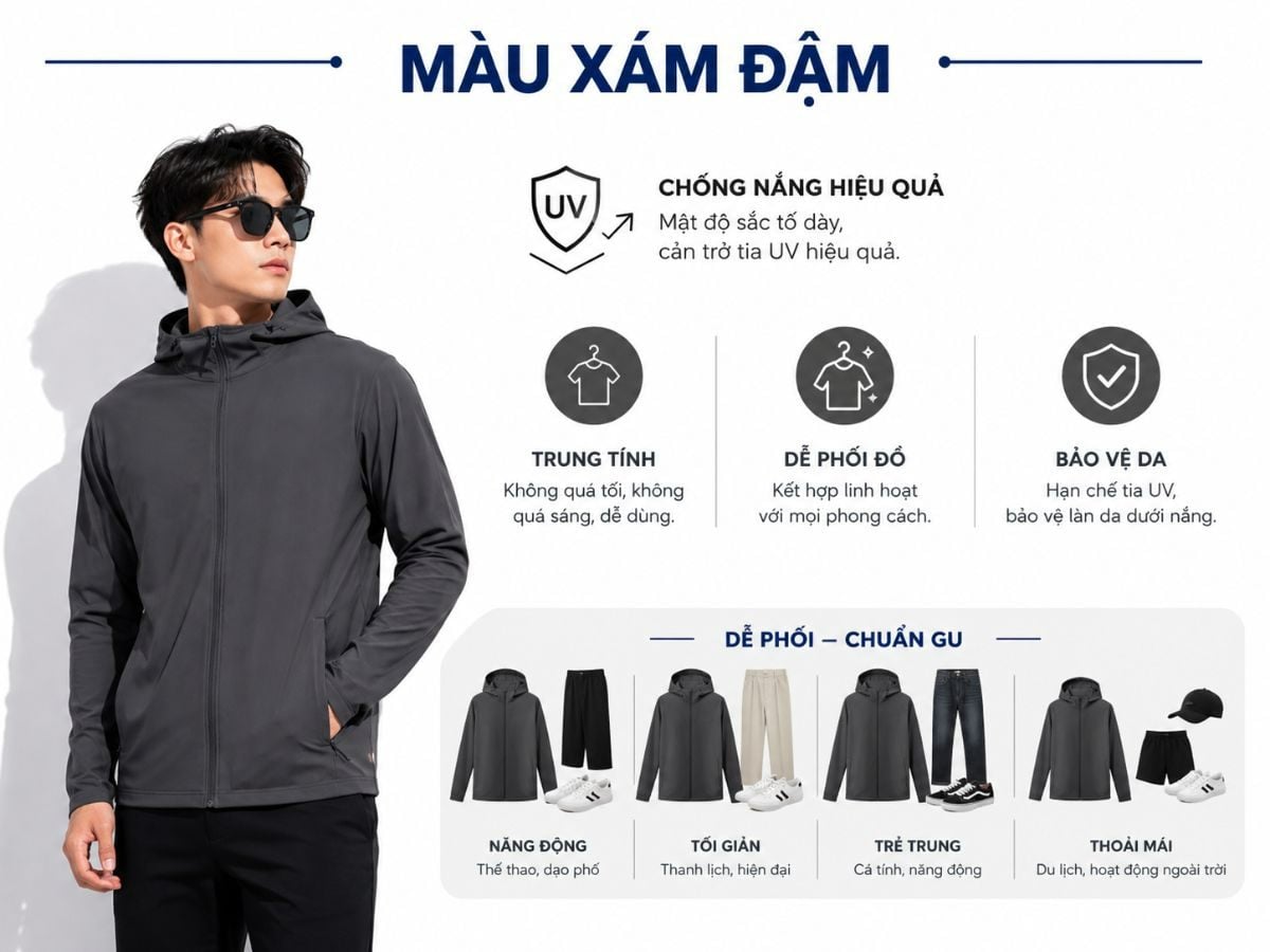 Màu xám đậm là lựa chọn cân bằng giữa chống nắng và dễ phối đồ