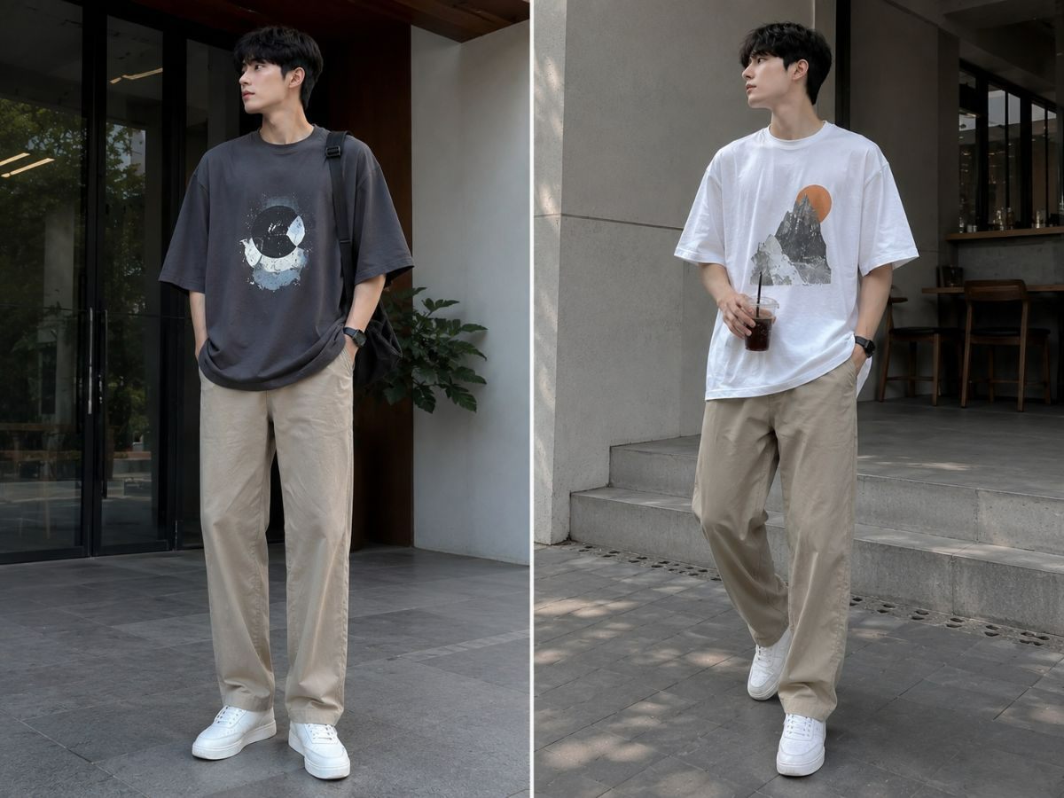 Outfit tối giản với quần kaki và áo thun form rộng