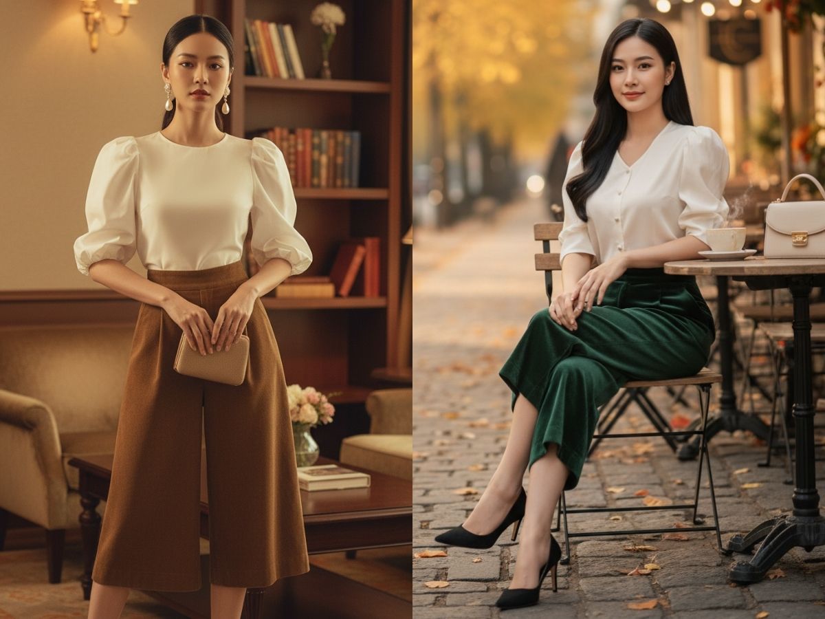 Áo blouse tay bồng phối cùng culottes nhung tăm