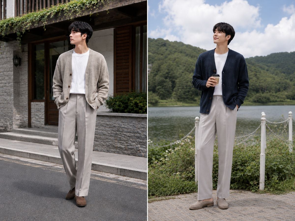 Cardigan nam phối quần tây suông mang lại cảm giác thư sinh, chỉn chu