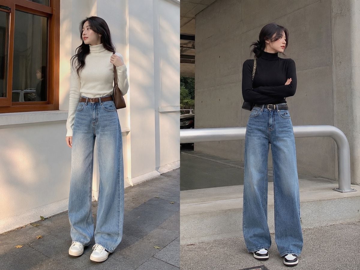 Áo cổ lọ và jean ống rộng giúp outfit gọn dáng nhưng vẫn ấm áp