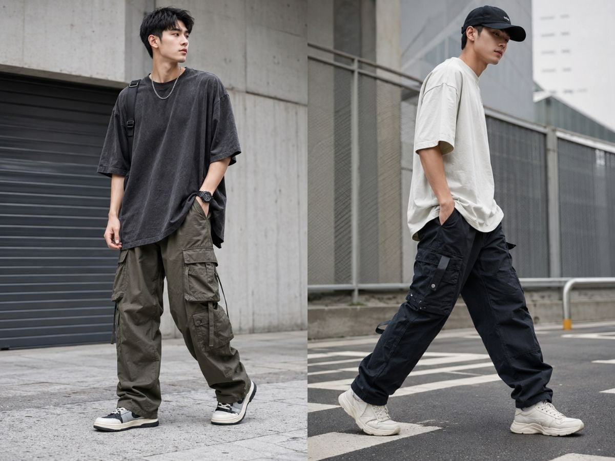 Áo loose fit phối quần cargo