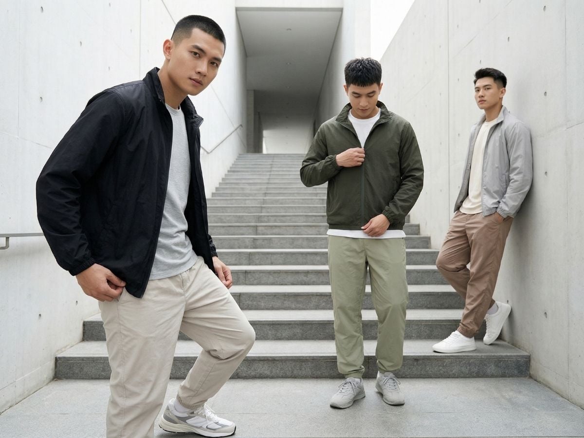 Áo gió phối quần dù đậm tinh thần thể thao