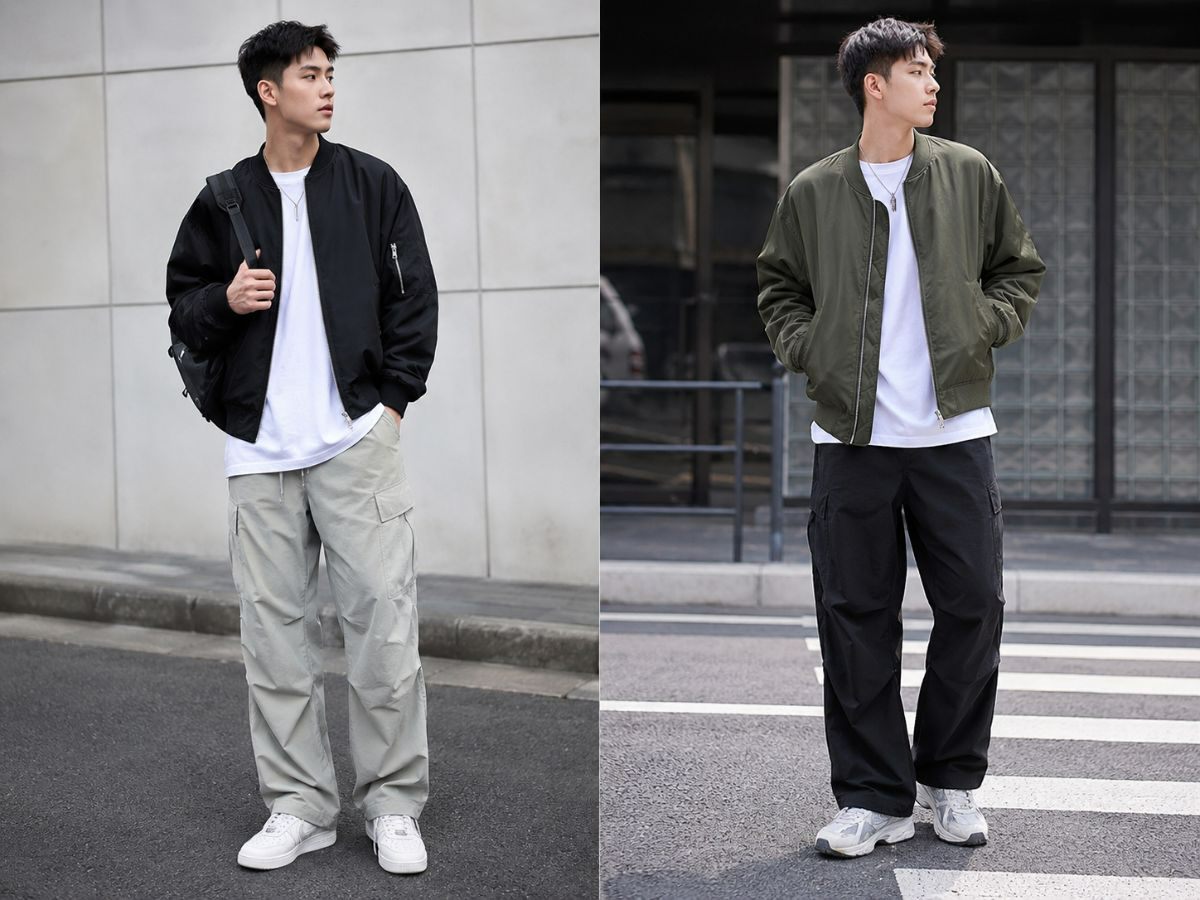 Áo khoác bomber và quần ống rộng
