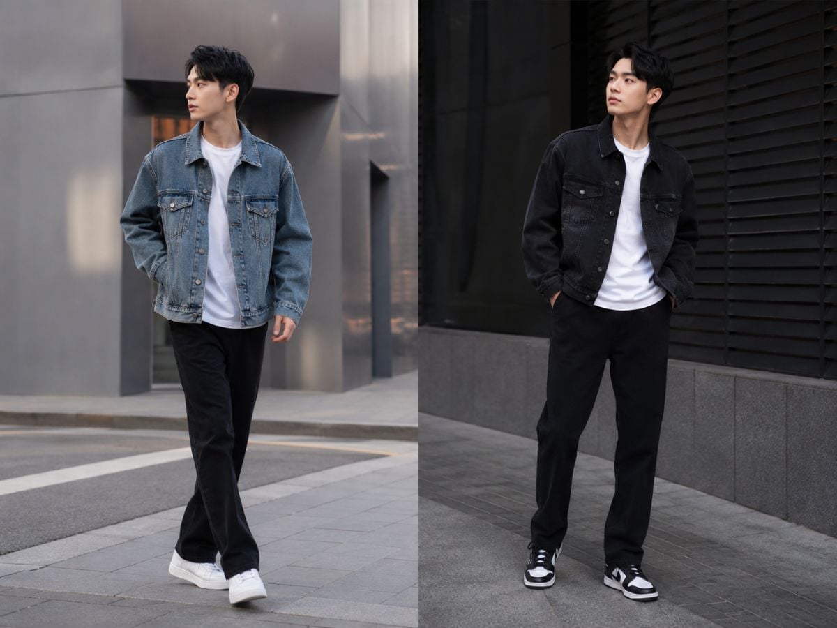 Áo khoác denim phối áo thun và quần đen