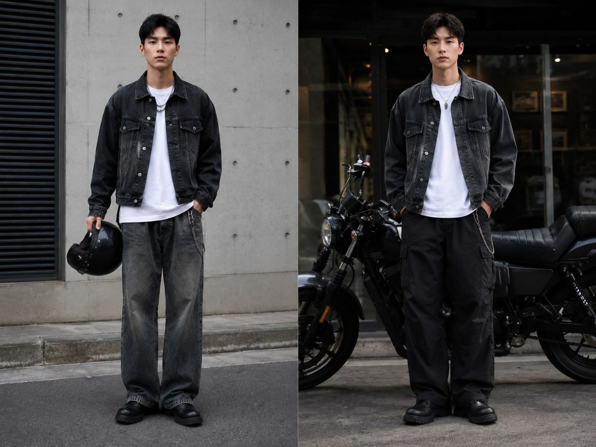 Phong cách biker bụi bặm với áo thun và áo khoác denim
