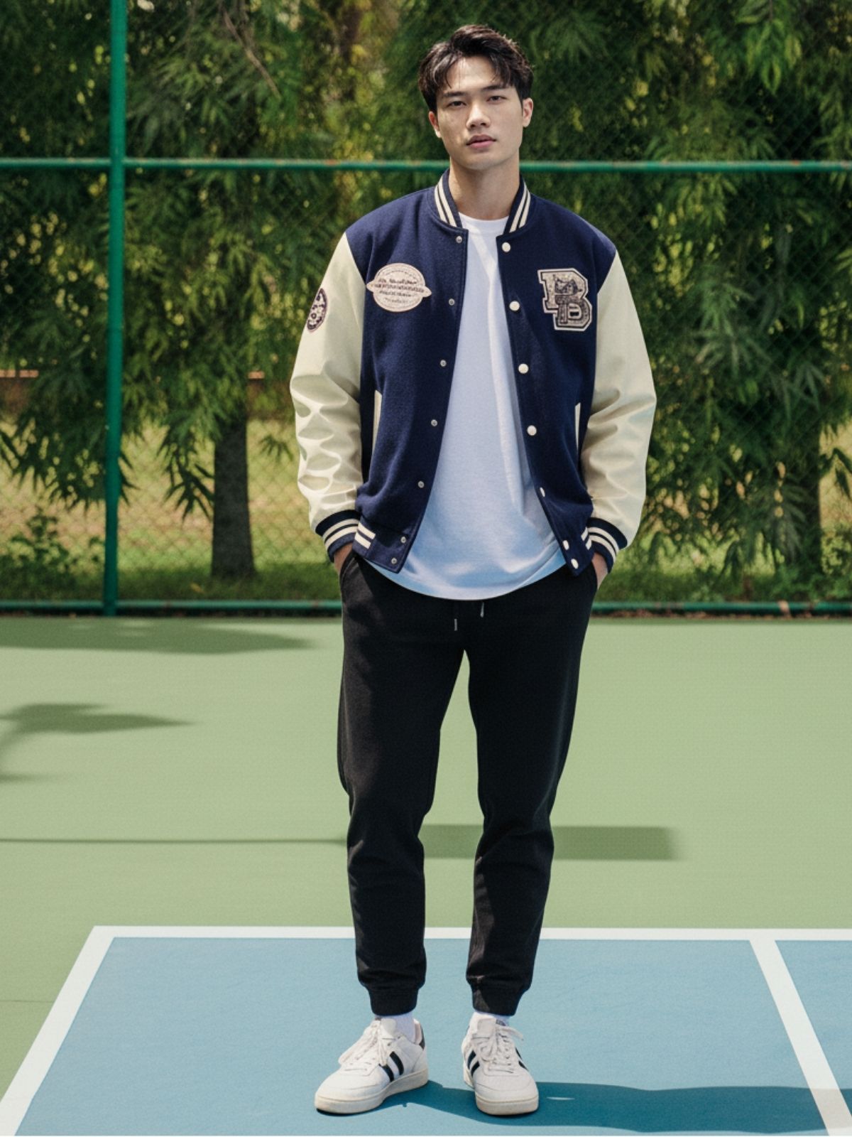 Áo khoác varsity, áo thun trắng và quần jogger