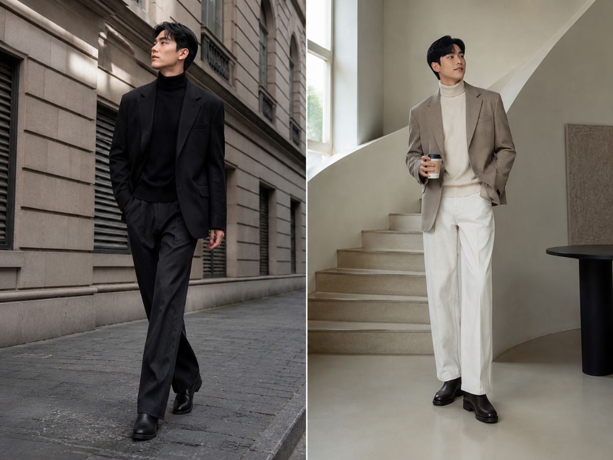 Áo len cổ lọ và blazer relaxed tạo vẻ ngoài lịch lãm, hiện đại