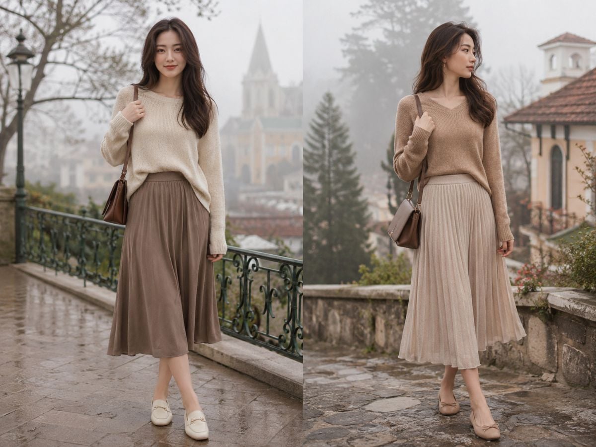 Áo len mỏng và chân váy midi tạo vẻ ngoài thanh lịch, nữ tính