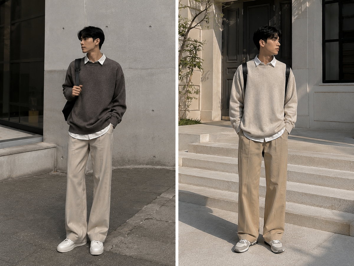 Sweater oversize phối quần kaki ống suông
