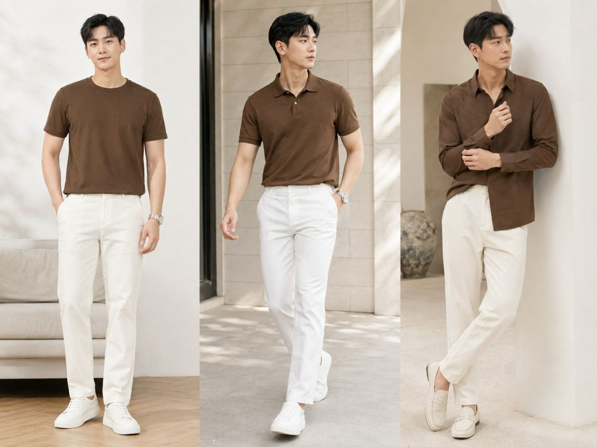 Phối áo màu nâu với quần màu trắng