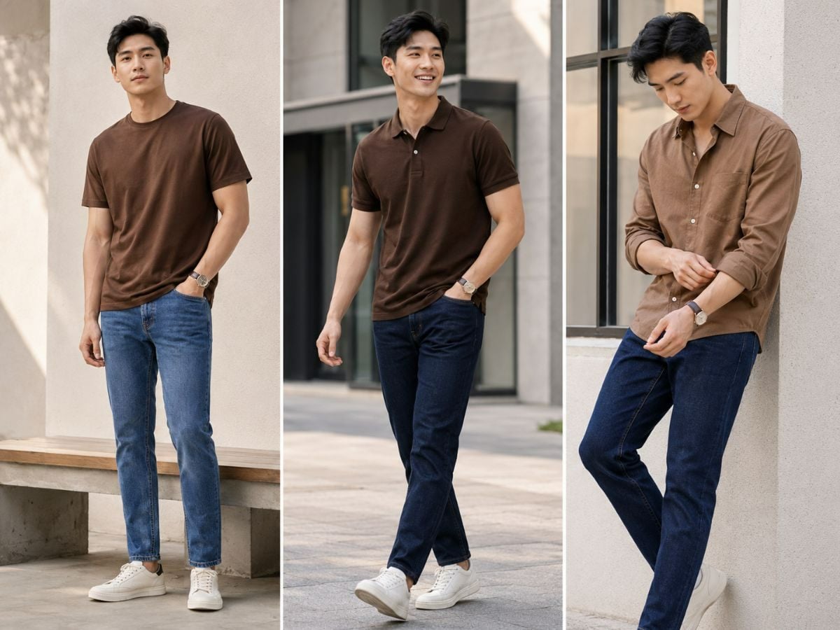 Phối áo nâu với quần jeans xanh