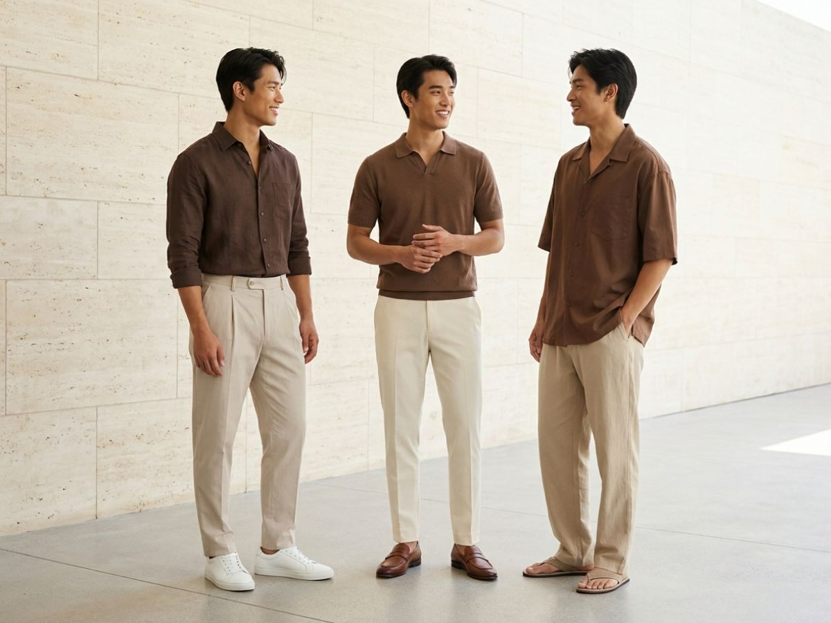 Áo màu nâu phối quần be hoặc kem