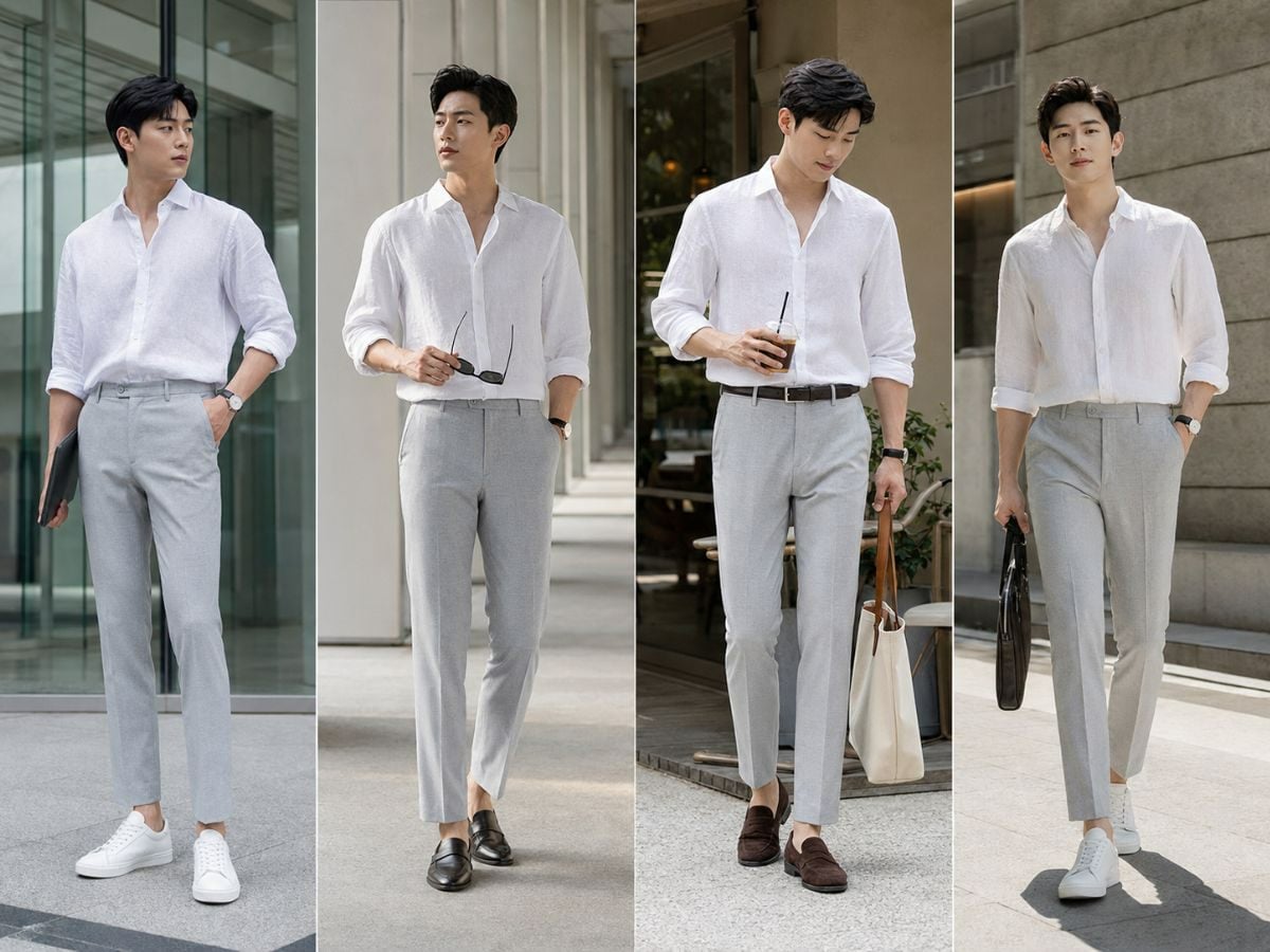 Đồ công sở với áo sơ mi trắng linen và quần tây sáng
