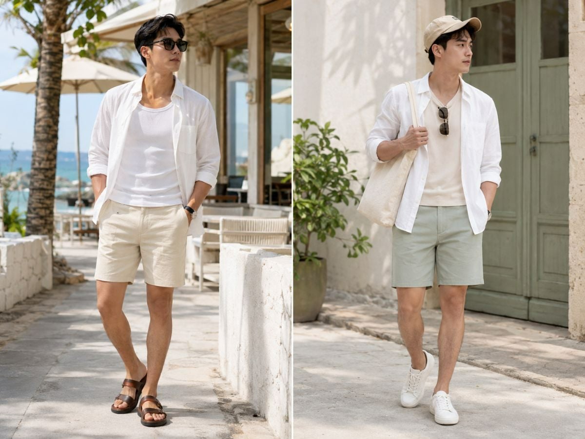 Áo sơ mi trắng phối quần short kaki