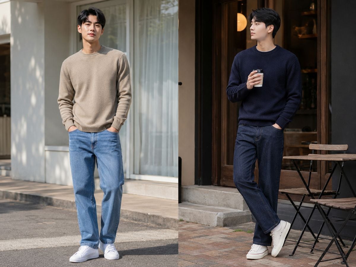 Sweater và jean ống suông tạo phong cách nam tính, dễ mặc