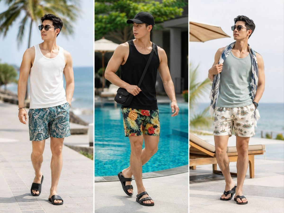 Áo tank top phối quần bơi hoạt tiết