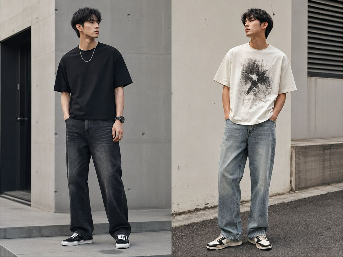 Áo thun boxy phối quần jean ống suông