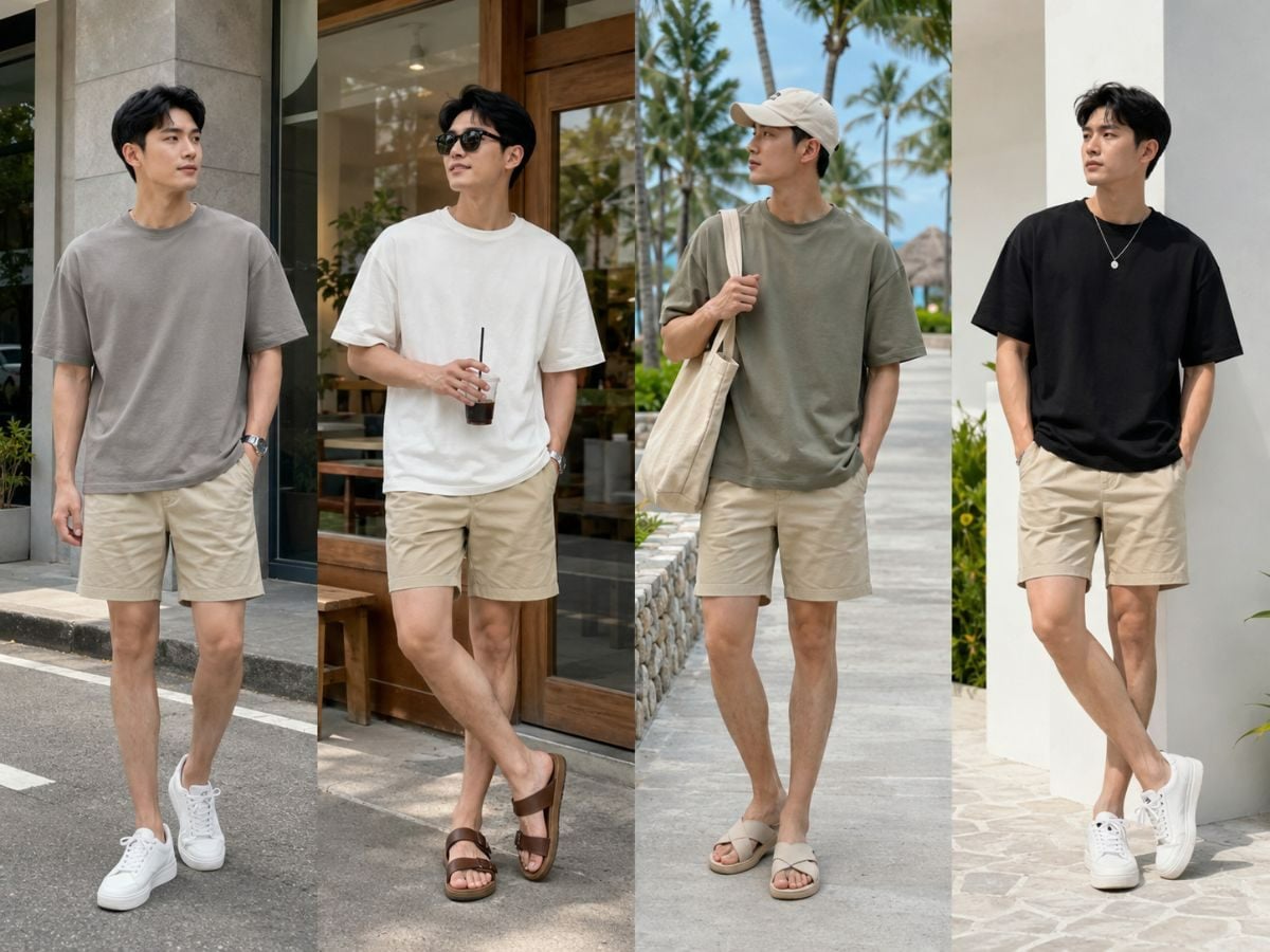 Outfit áo thun boxy phối quần short kaki nam