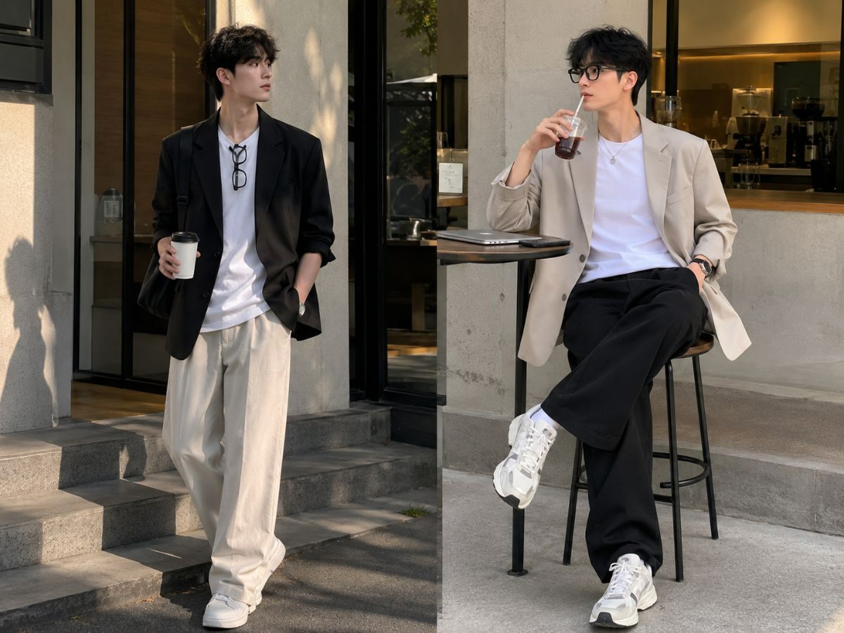 Áo thun form rộng phối áo blazer