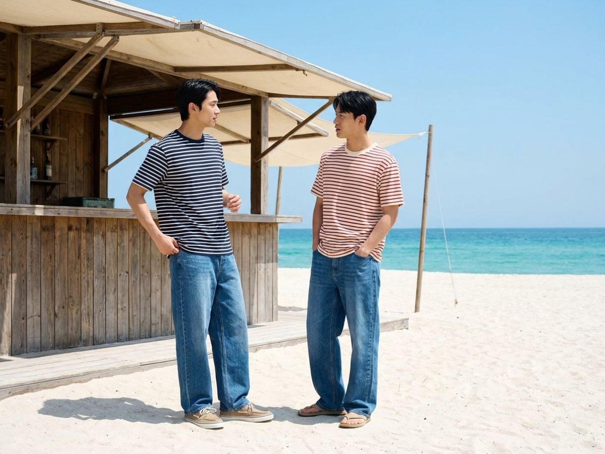 Áo thun kẻ sọc và jeans rộng gợi cảm giác lãng tử ven biển