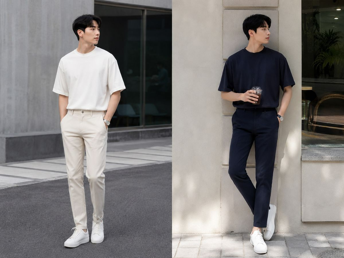 Mix and match quần tây ống suông và áo thun oversized