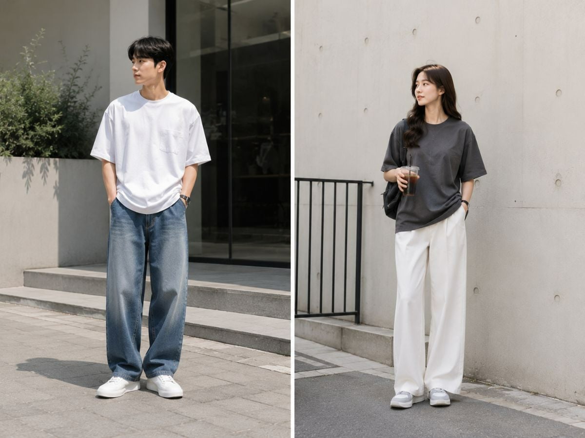 Áo thun trơn phom rộng vừa là nền tảng của nhiều outfit Hàn Quốc hằng ngày