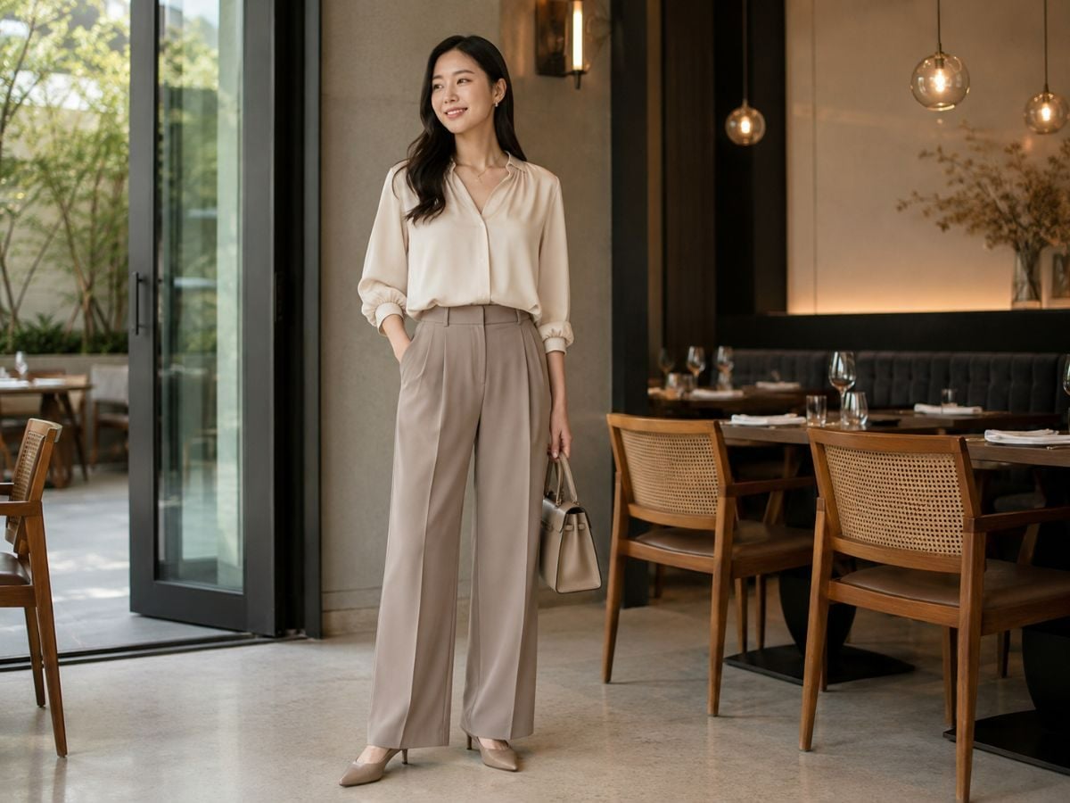 Nữ mặc sơ mi sáng màu phối quần tây ống suông đi họp lớp