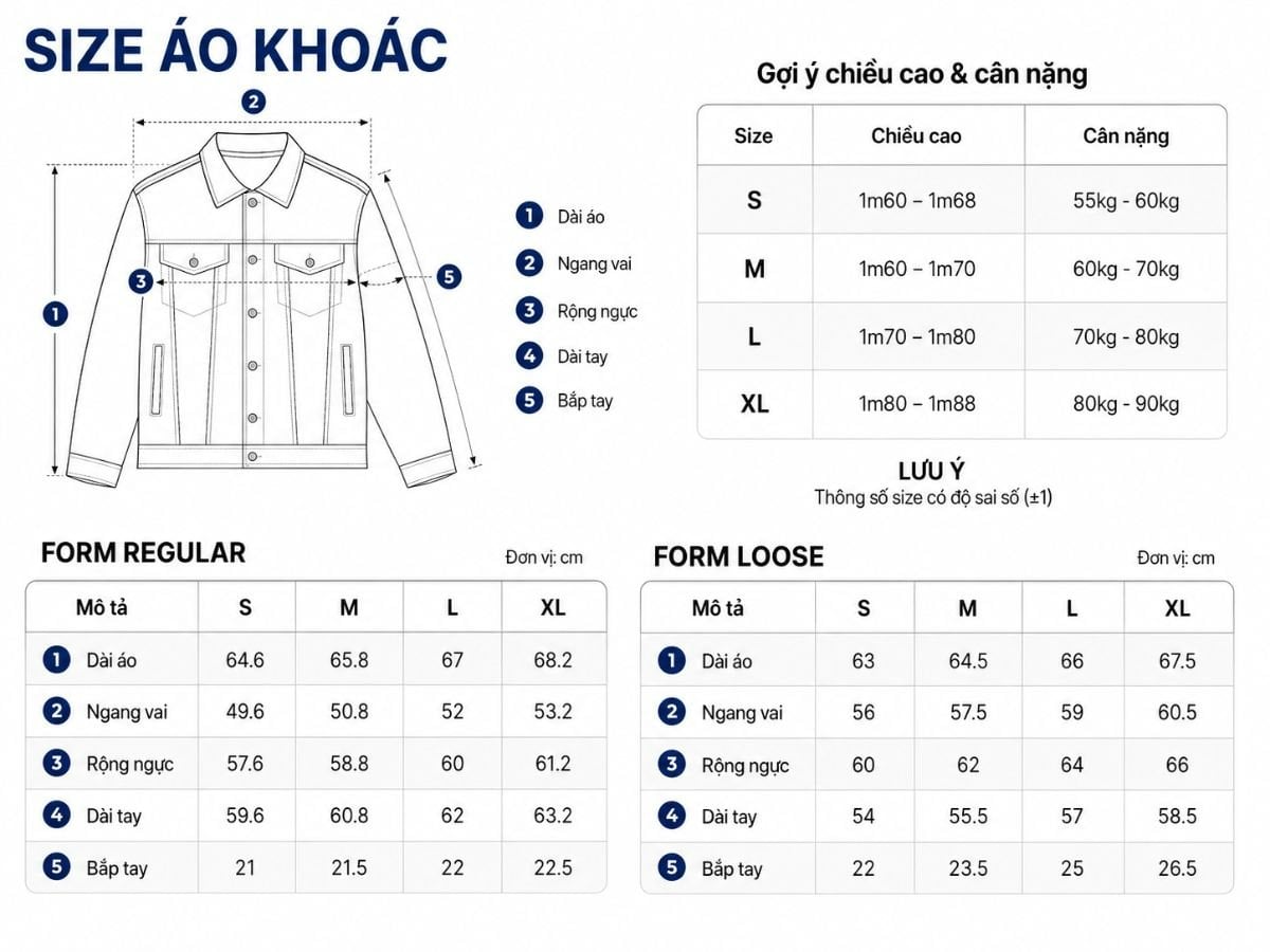 Bảng size áo khoác nam