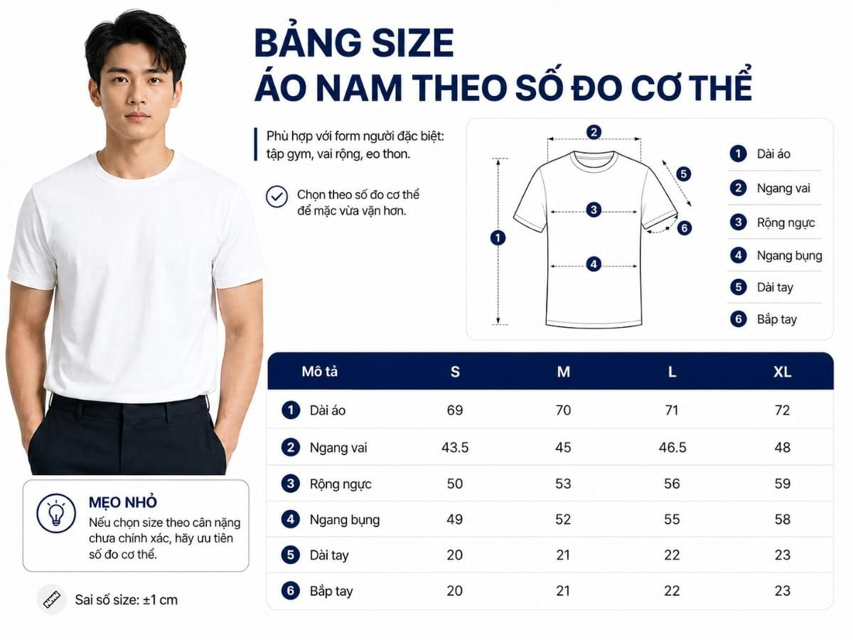 Bảng size áo nam theo số đo cơ thể