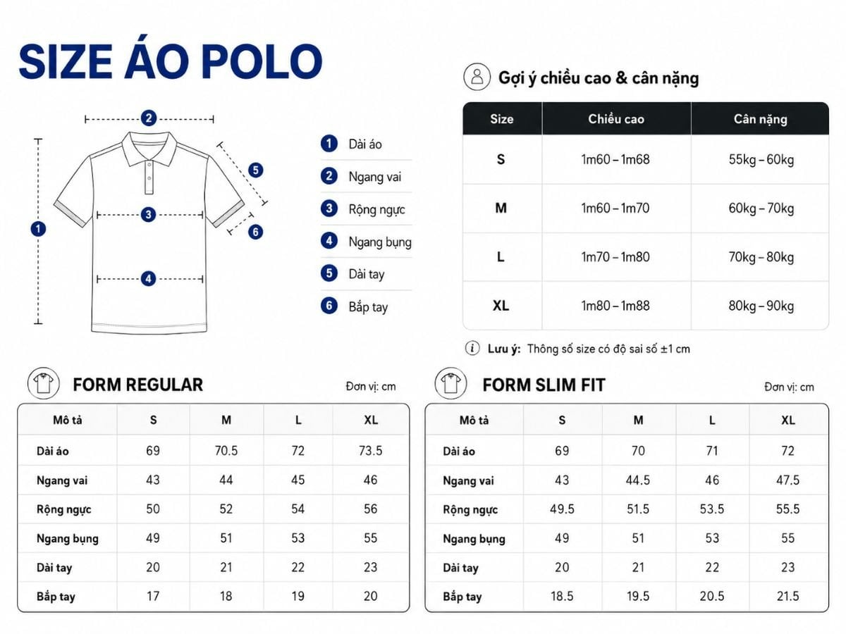 Bảng size áo polo nam