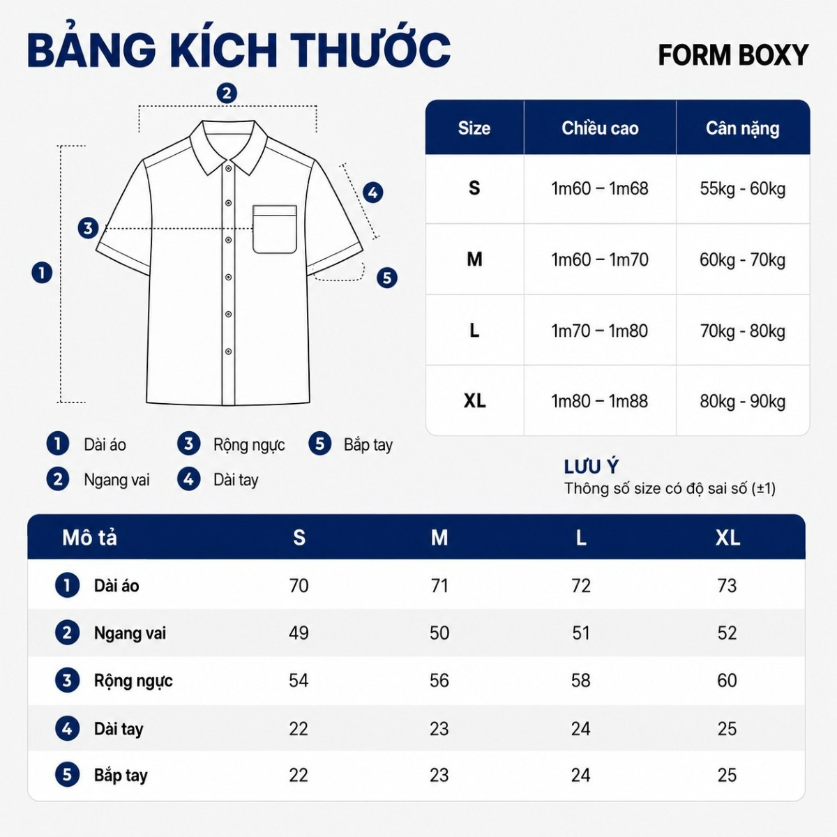 Bảng size áo sơ mi nam form boxy