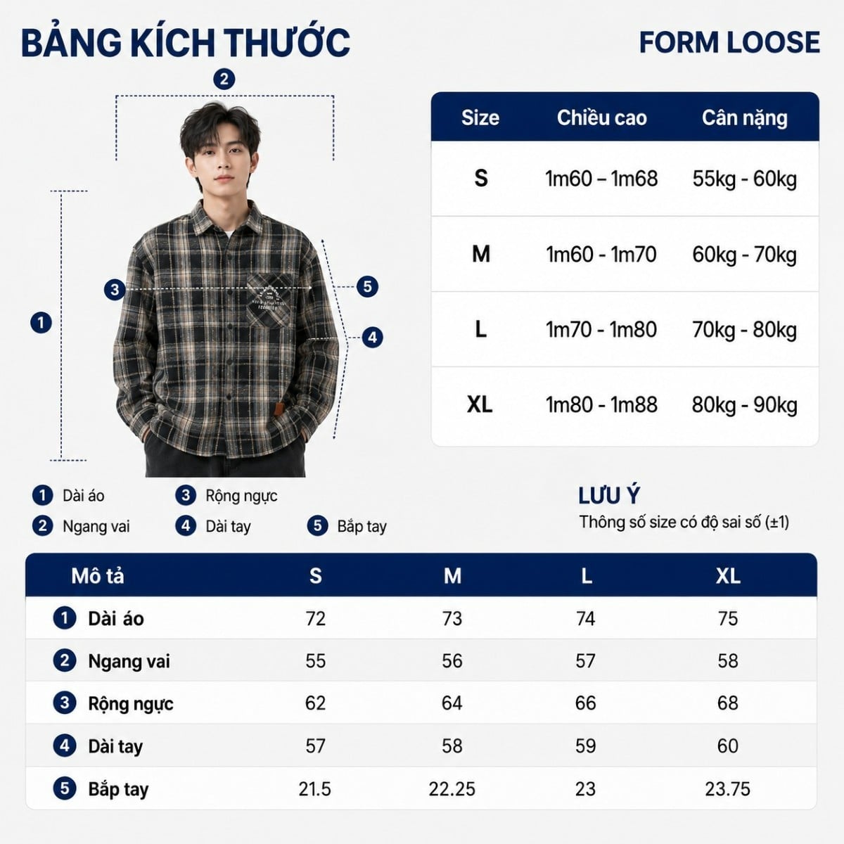 Bảng size áo sơ mi nam form loose
