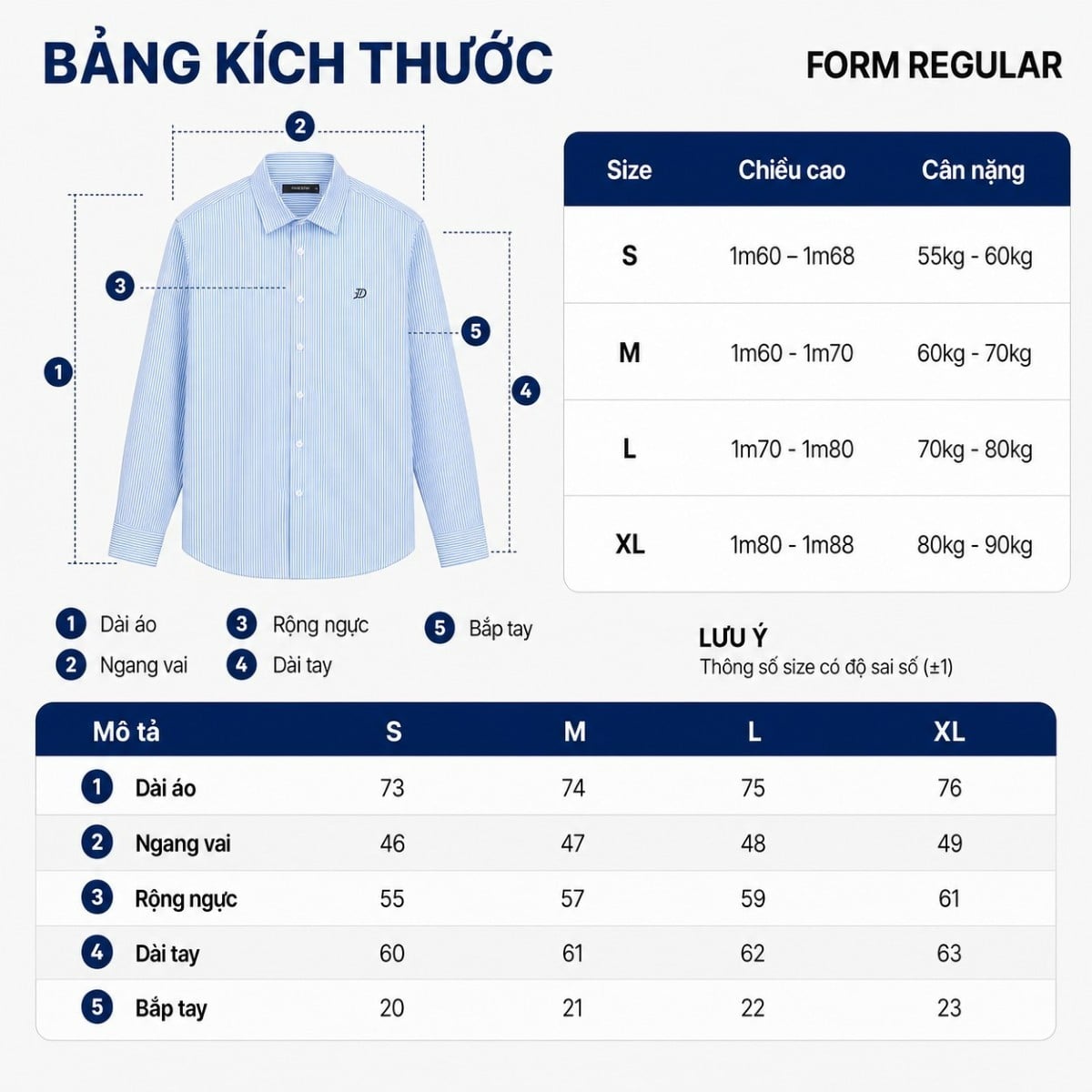Bảng size áo sơ mi nam form regular