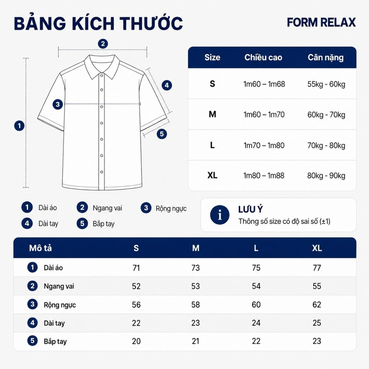 Bảng size áo sơ mi nam form relaxed