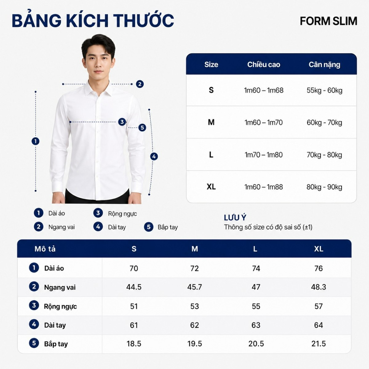 Bảng size áo sơ mi nam form slim
