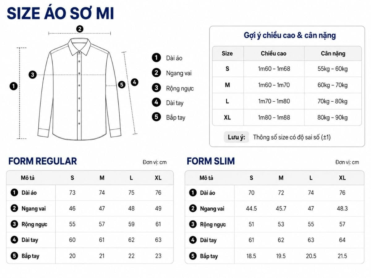 Bảng size áo sơ mi nam