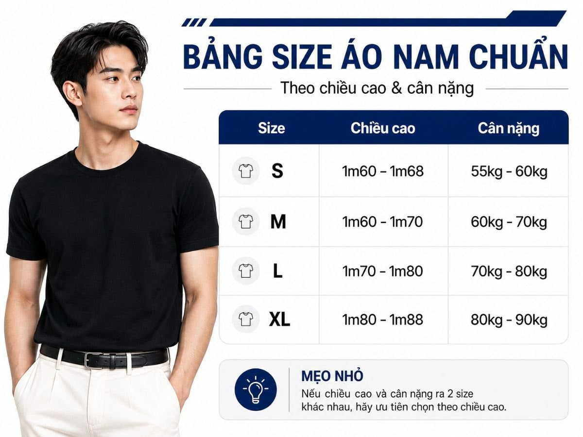 Bảng size áo theo cân nặng, chiều cao