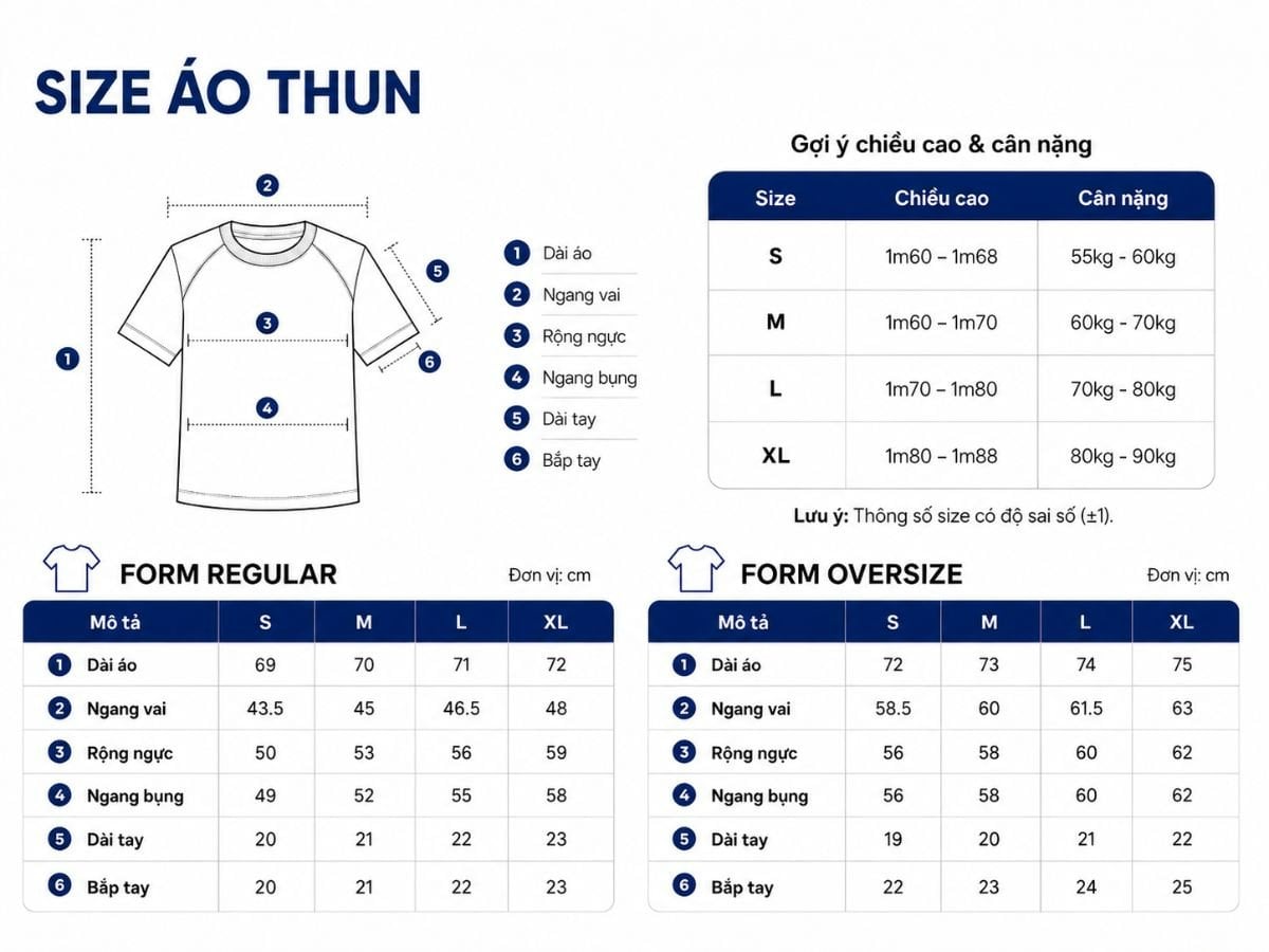 Bảng size áo thun nam