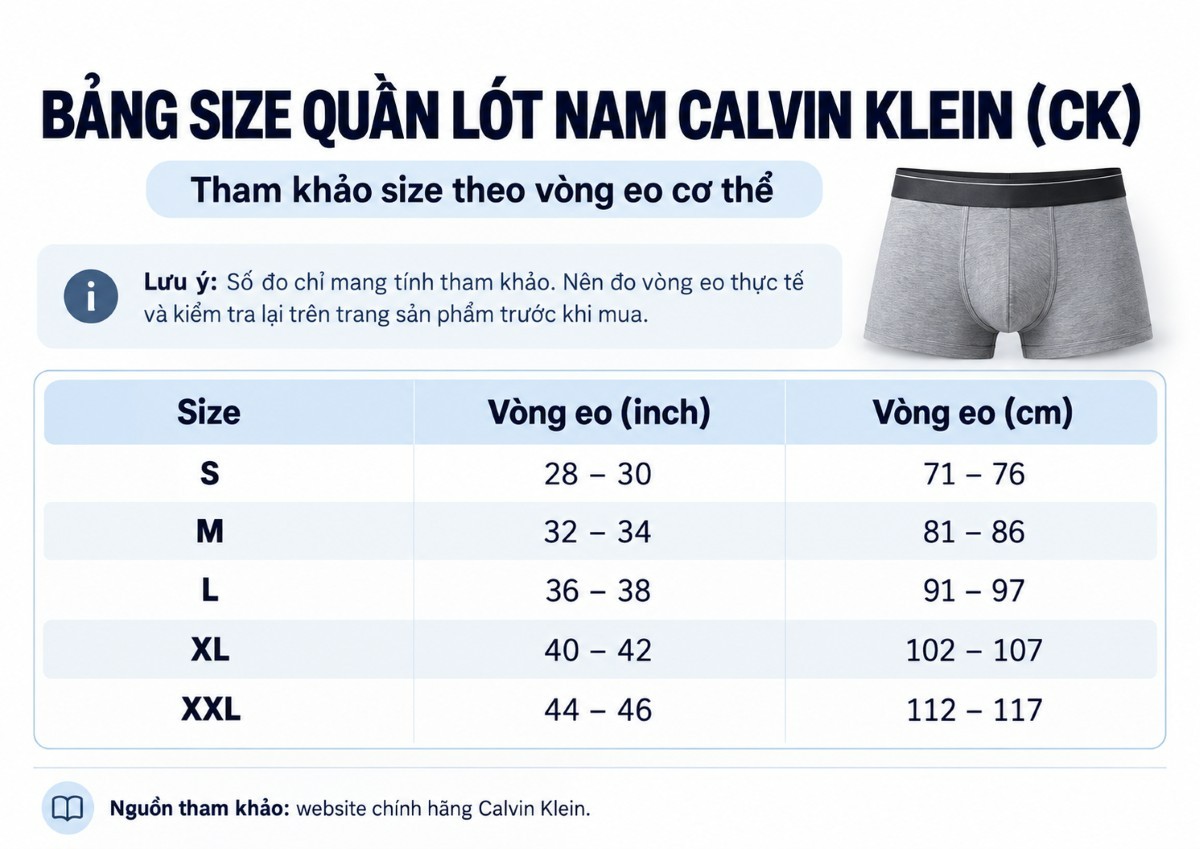 Bảng size quần lót nam Calvin Klein