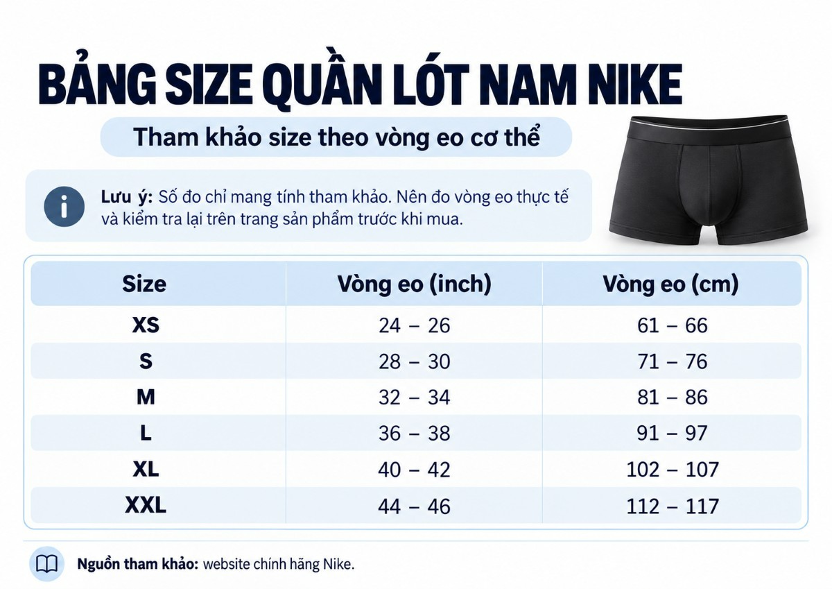 Bảng size quần lót nam Nike